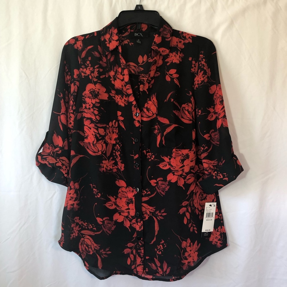 *NWT* Business Casual Red Floral Button Up Blouse